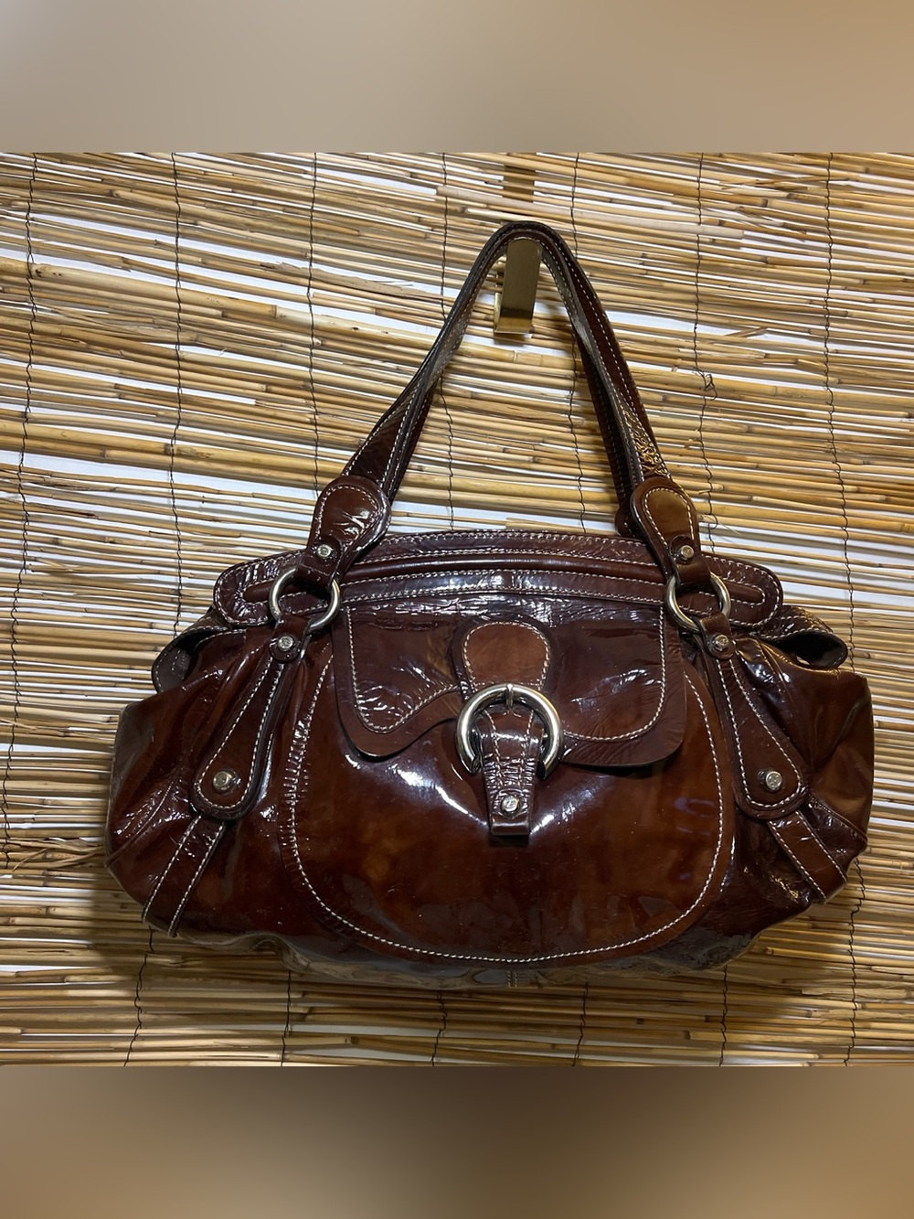 Francesco Biasia Brown Patent Leather Shoulder Bag with Silver Hardware